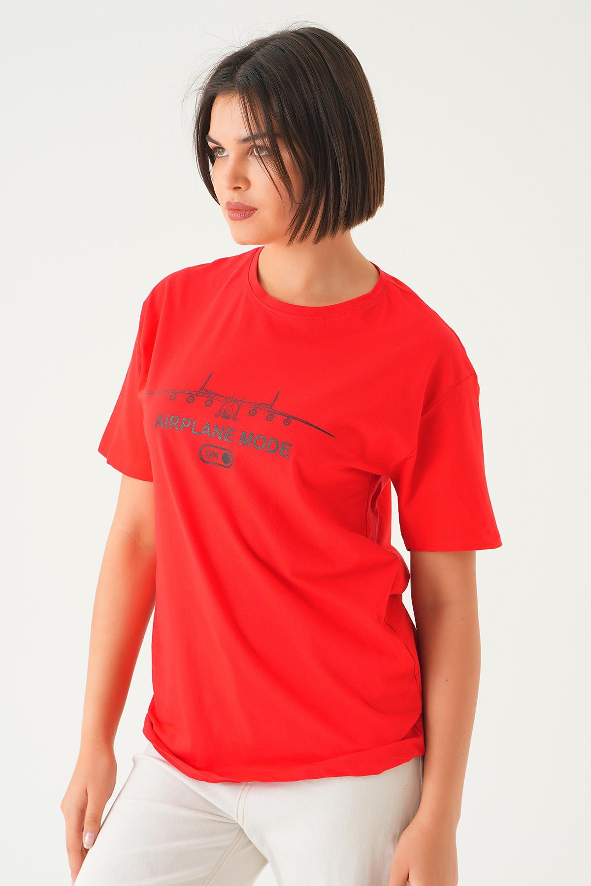 Kırmızı Mode On Baskı Oversize Tişört 1721 - 3