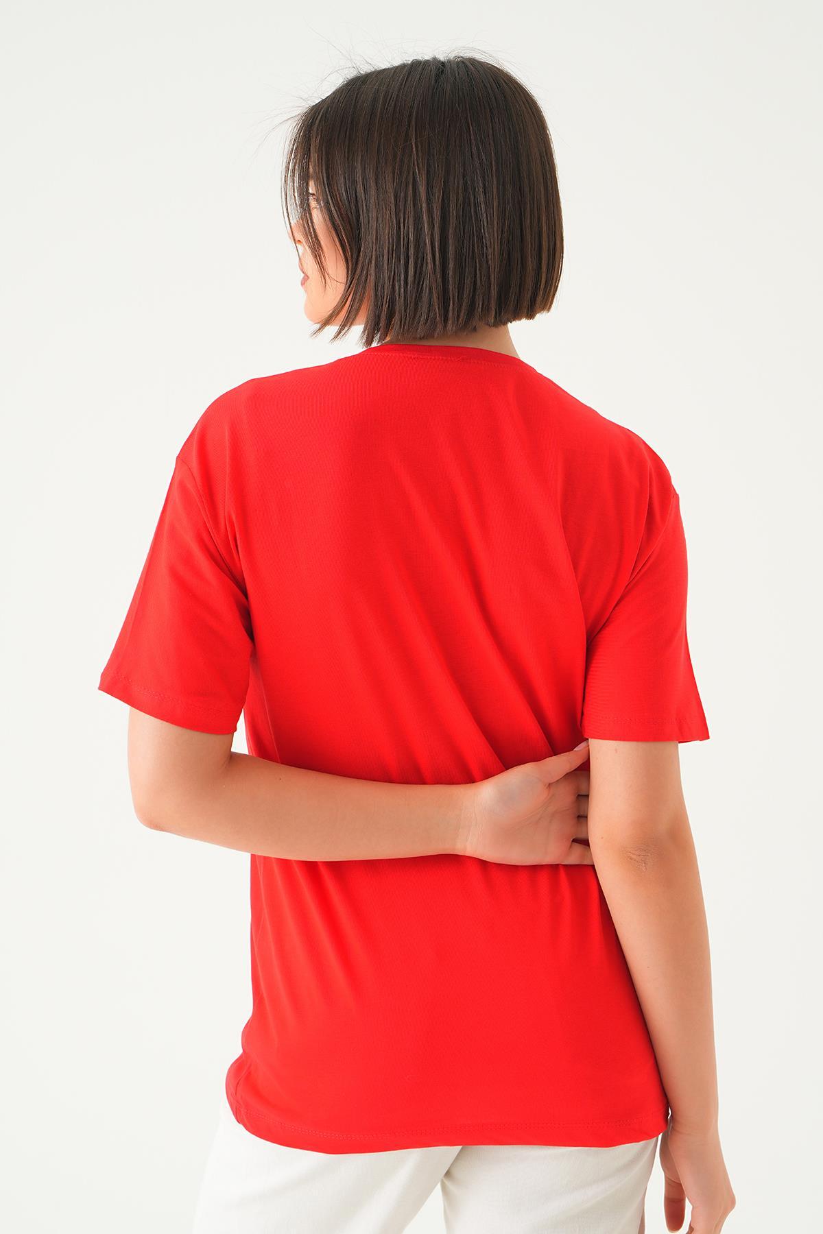 Kırmızı Mode On Baskı Oversize Tişört 1721 - 4