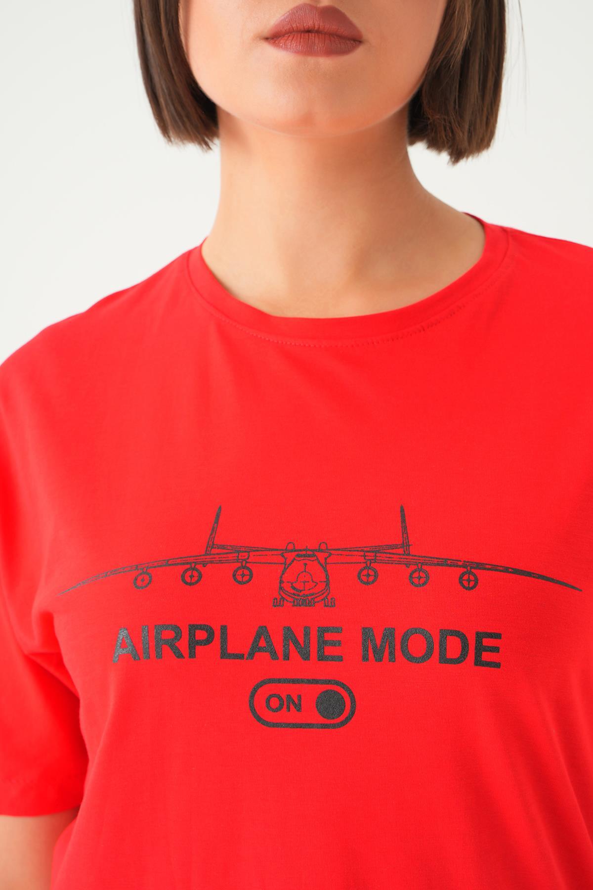 Kırmızı Mode On Baskı Oversize Tişört 1721 - 5