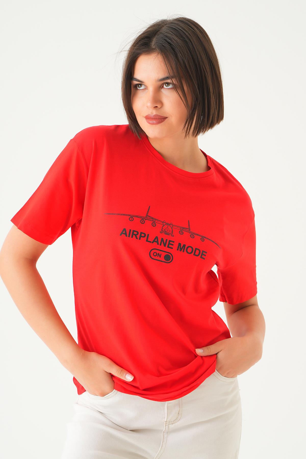 Kırmızı Mode On Baskı Oversize Tişört 1721 - 6