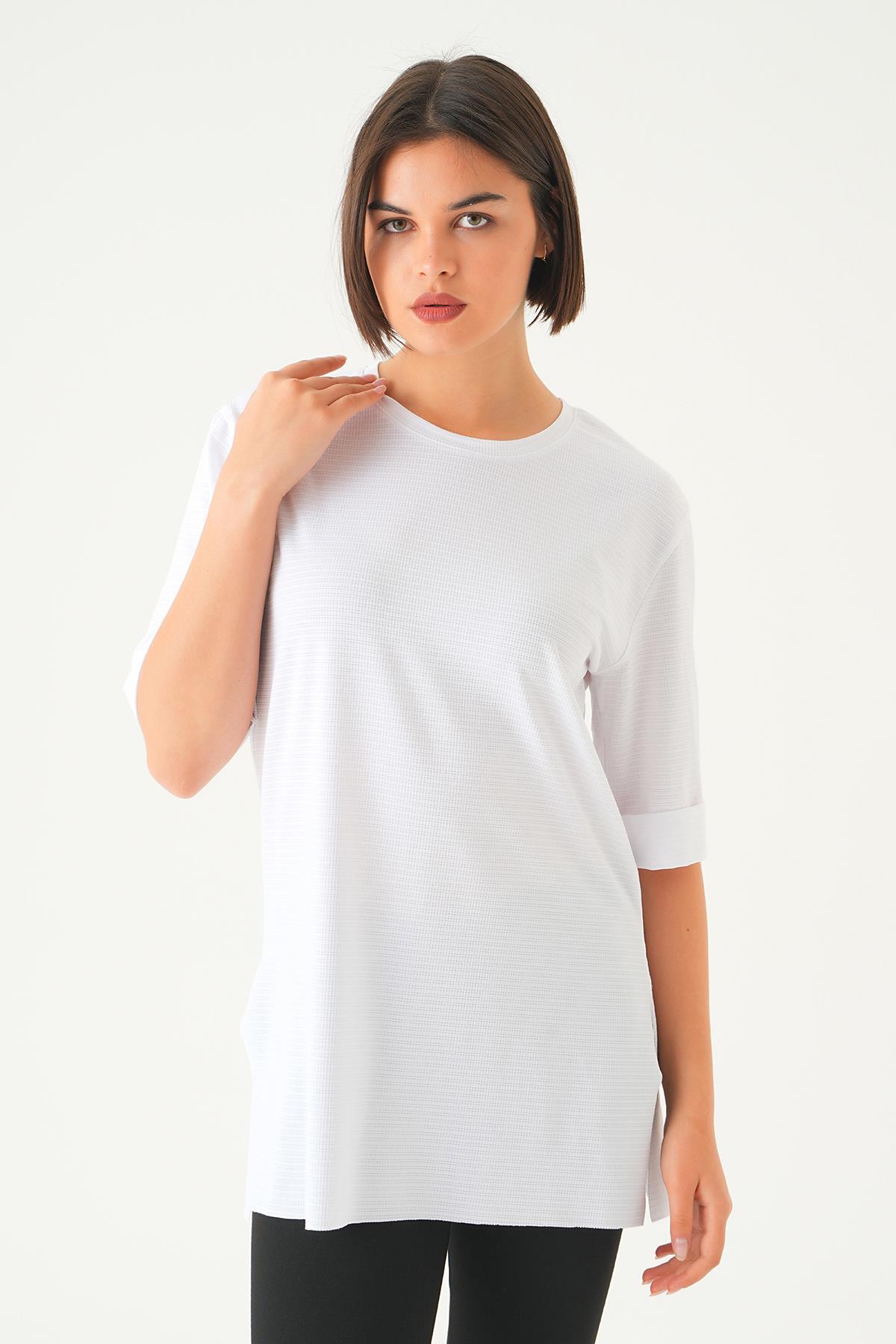 1730 Kol Katlamalı Tişört Beyaz - 6