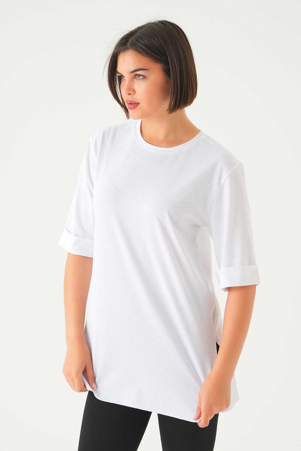 1730 Kol Katlamalı Tişört Beyaz - 2