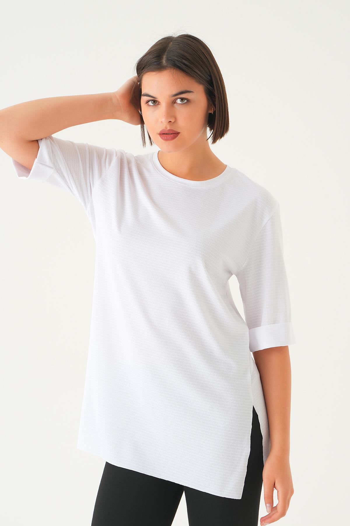 Beyaz Kol Katlamalı Tişört 9026M - 3