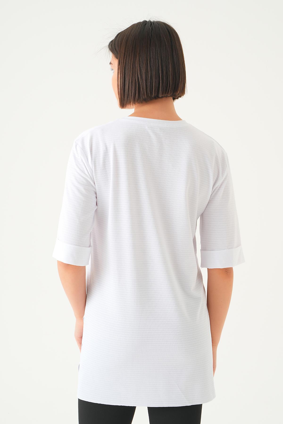 Beyaz Kol Katlamalı Tişört 9026M - 4