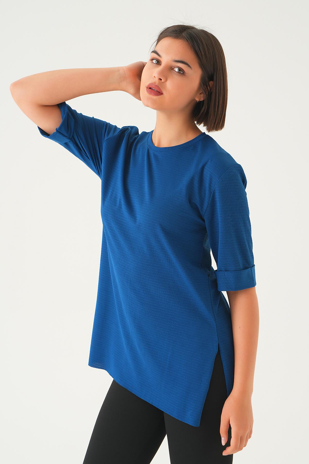 İndigo Kol Katlamalı Tişört 9026M - 4