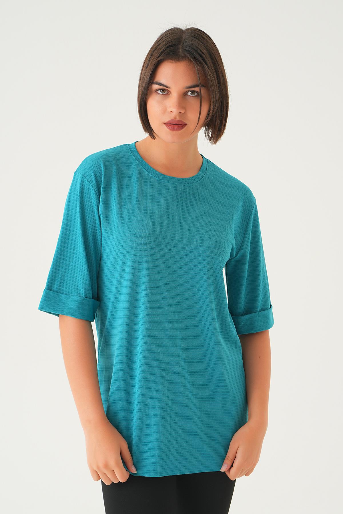 Petrol Kol Katlamalı Tişört 9026M 