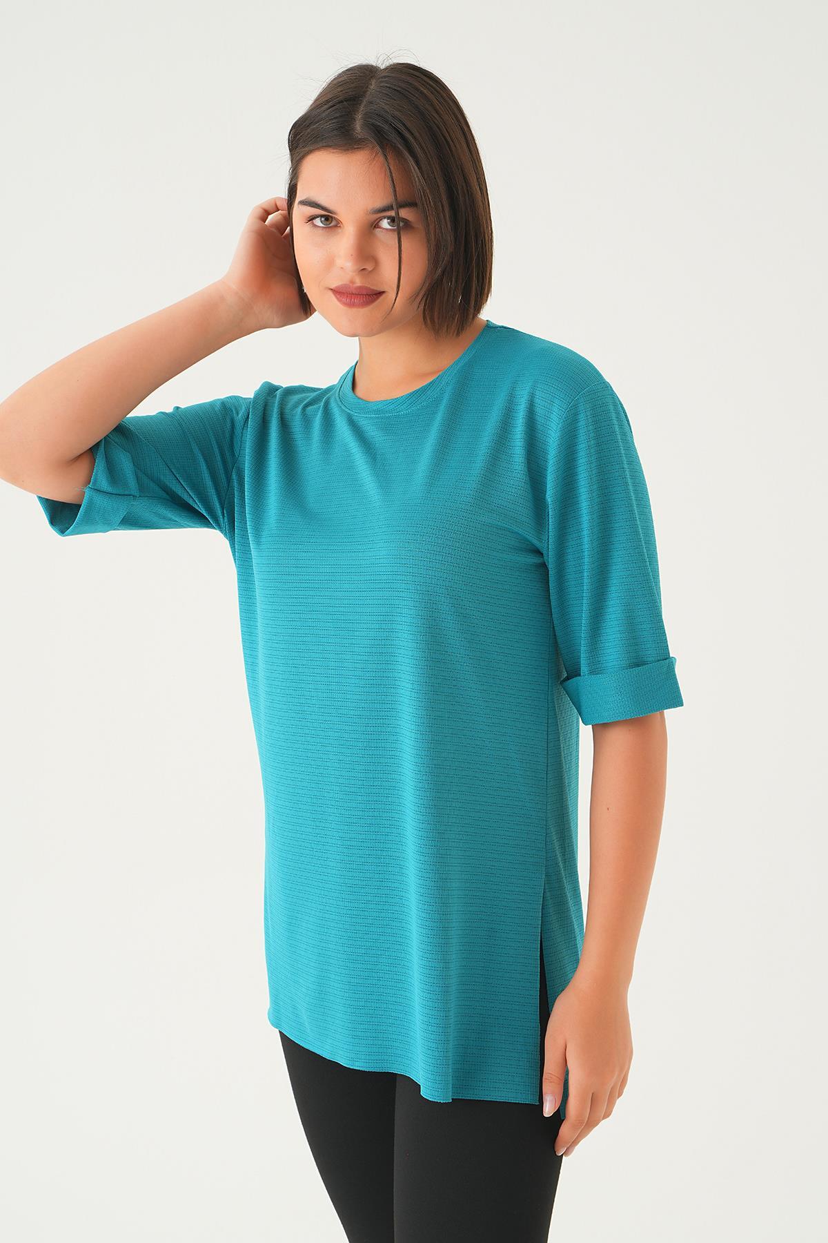 Petrol Kol Katlamalı Tişört 9026M - 4