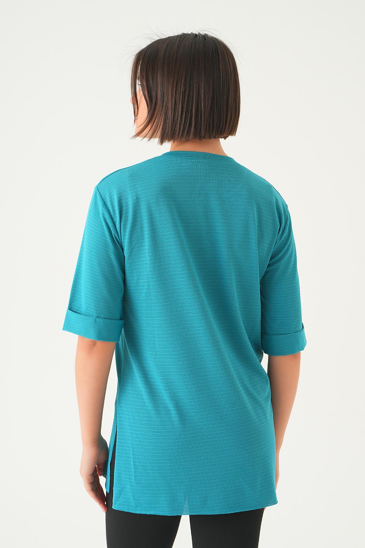 Petrol Kol Katlamalı Tişört 9026M - 5