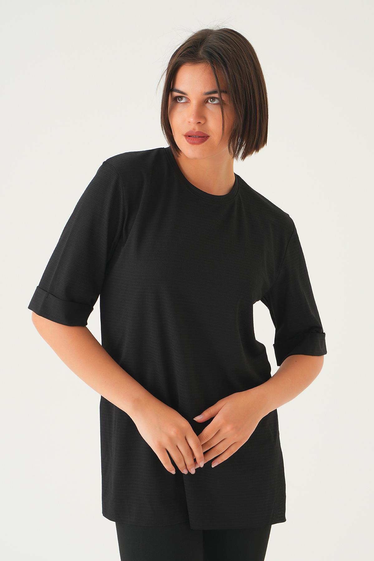 Siyah Kol Katlamalı Tişört 9026M - 2