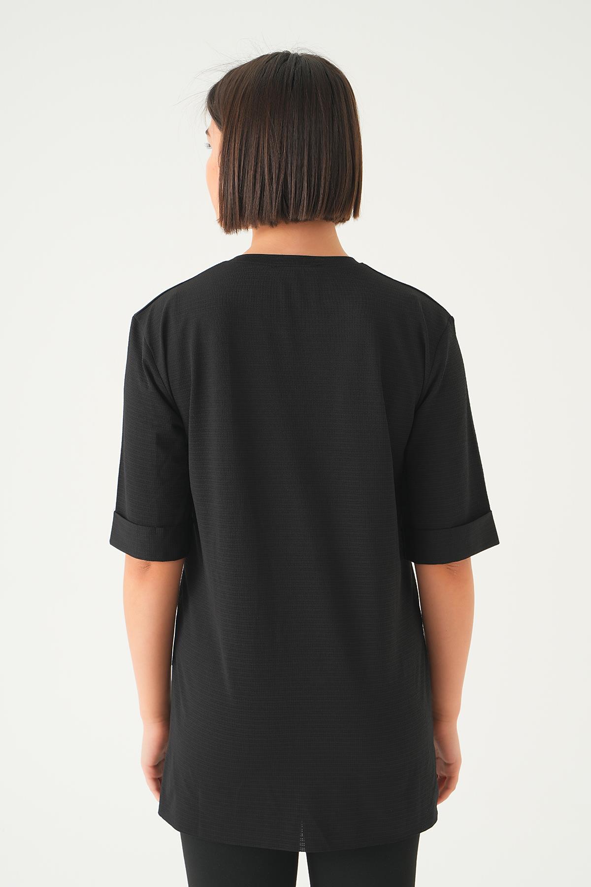 Siyah Kol Katlamalı Tişört 9026M - 6
