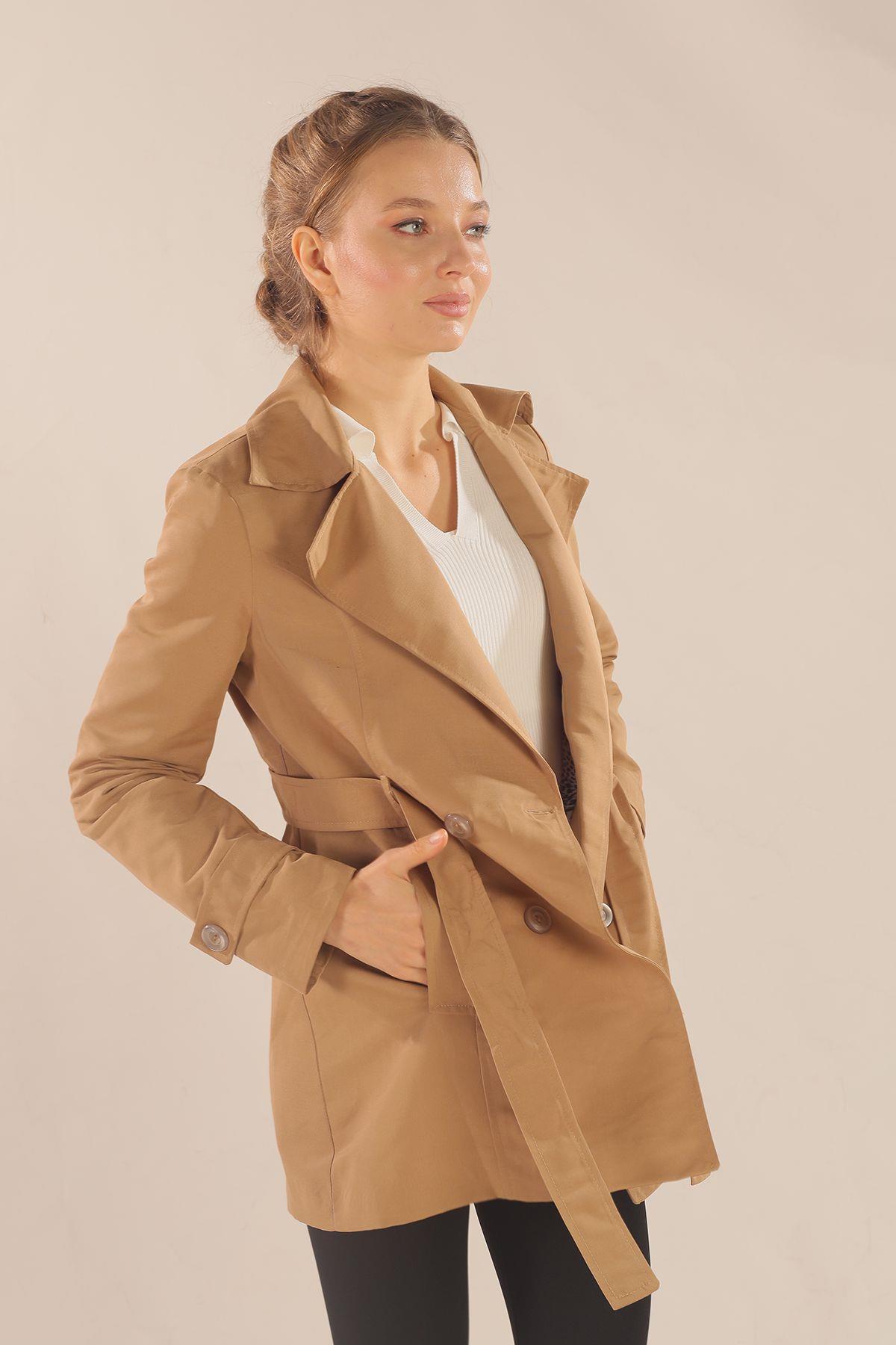 1737 Leopar Astarlı Kısa Trençkot Bej - 5