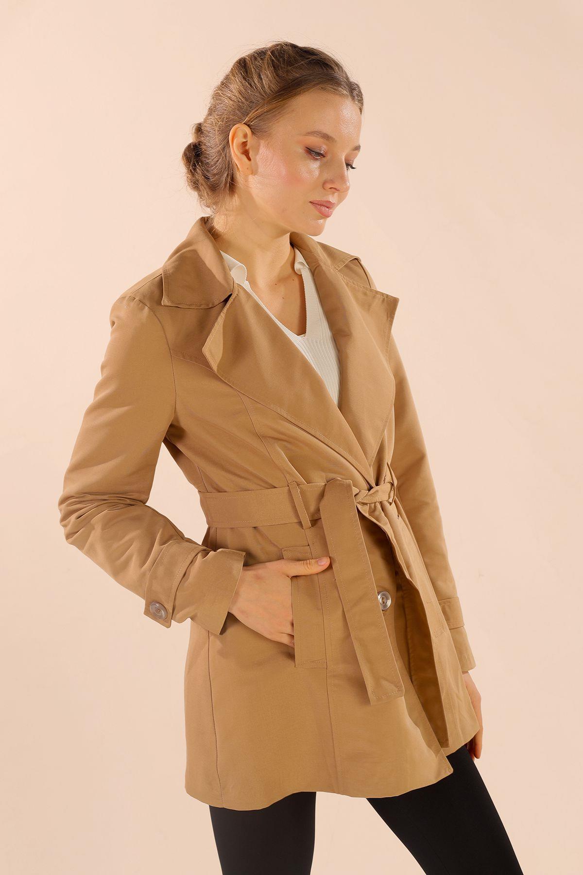 Bej Leopar Astarlı Kısa Trençkot 1737 