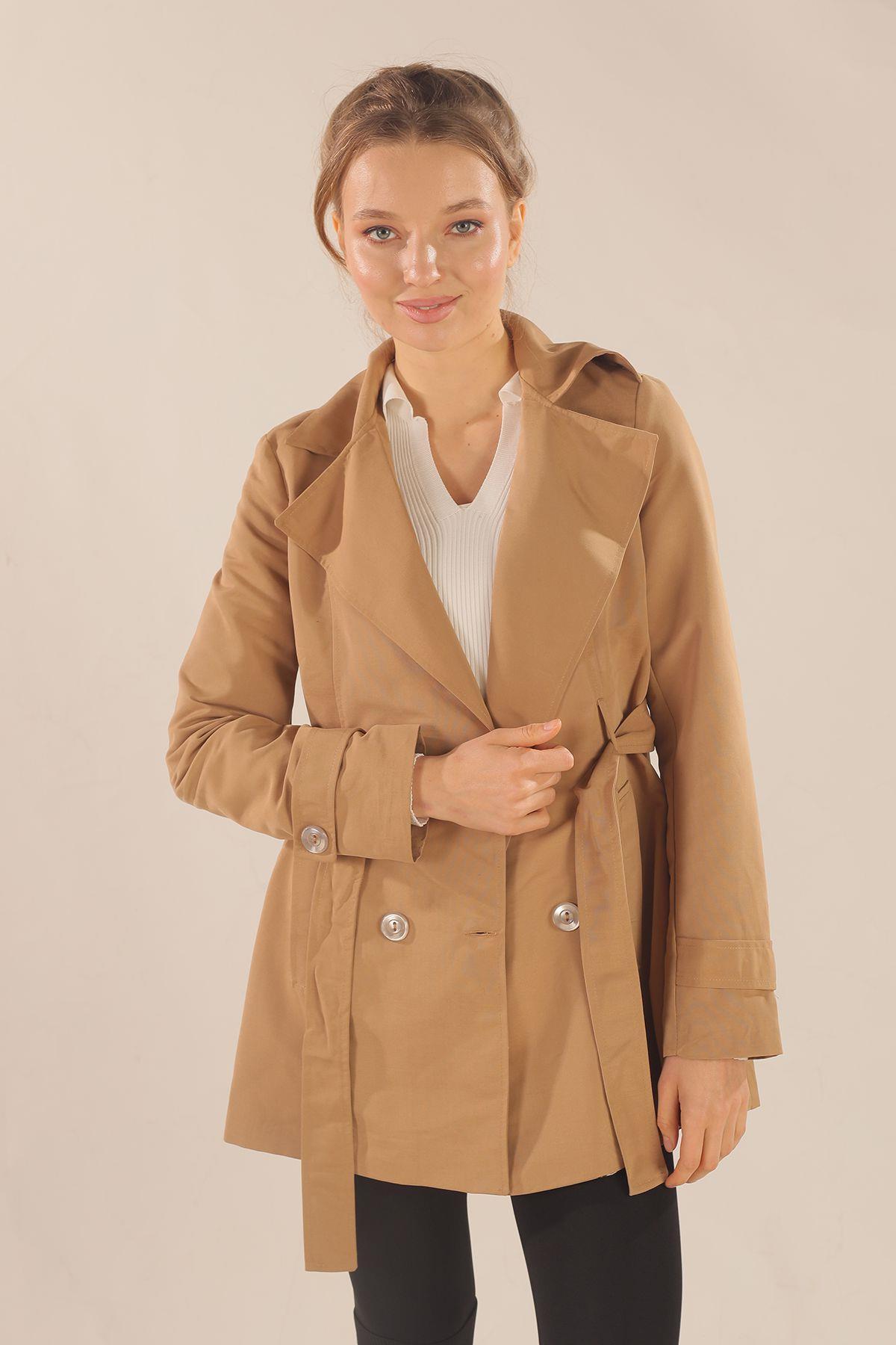 Bej Leopar Astarlı Kısa Trençkot 1737 - 2