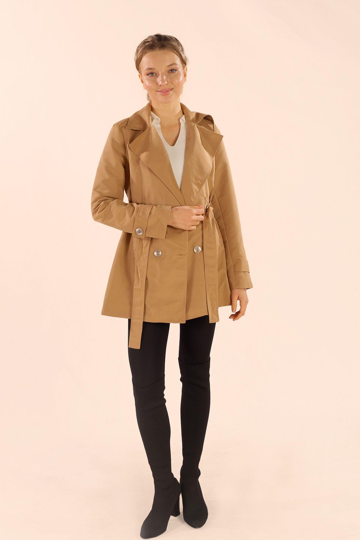 Bej Leopar Astarlı Kısa Trençkot 1737 - 3