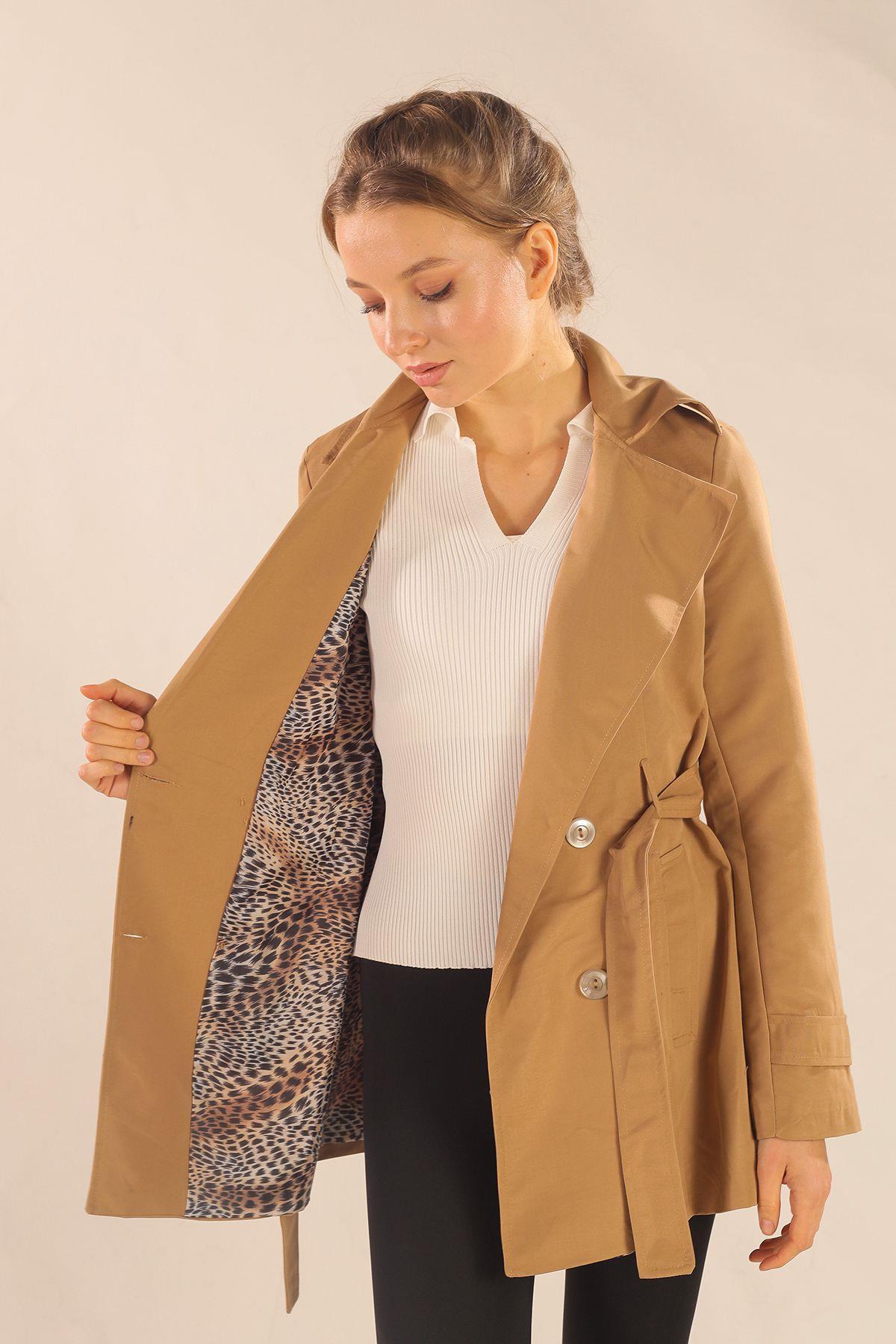 Bej Leopar Astarlı Kısa Trençkot 1737 - 4