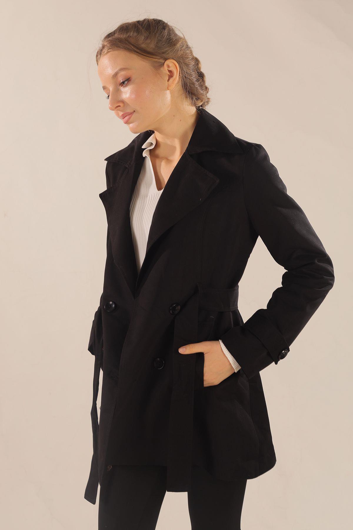 1737 Leopar Astarlı Kısa Trençkot Siyah - 1