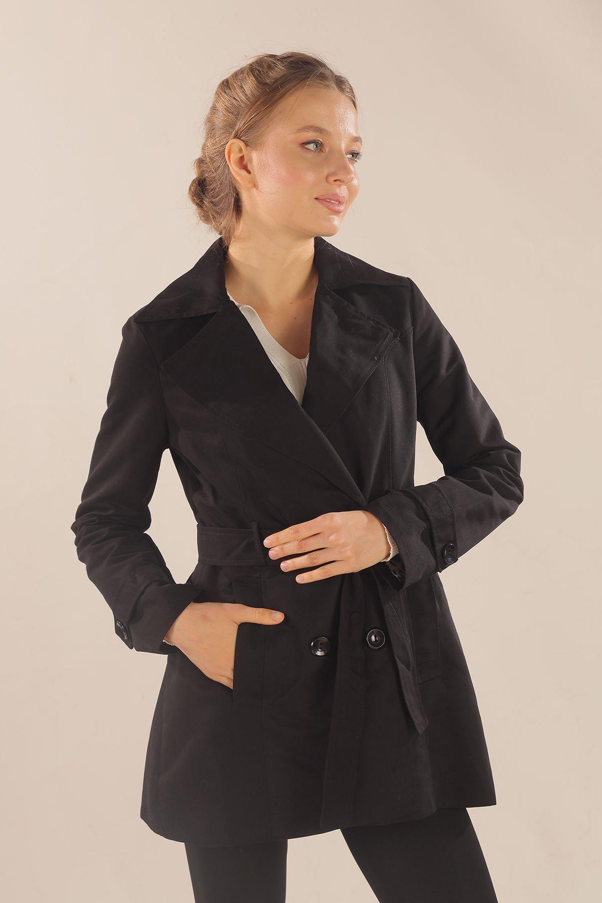 1737 Leopar Astarlı Kısa Trençkot Siyah - 7