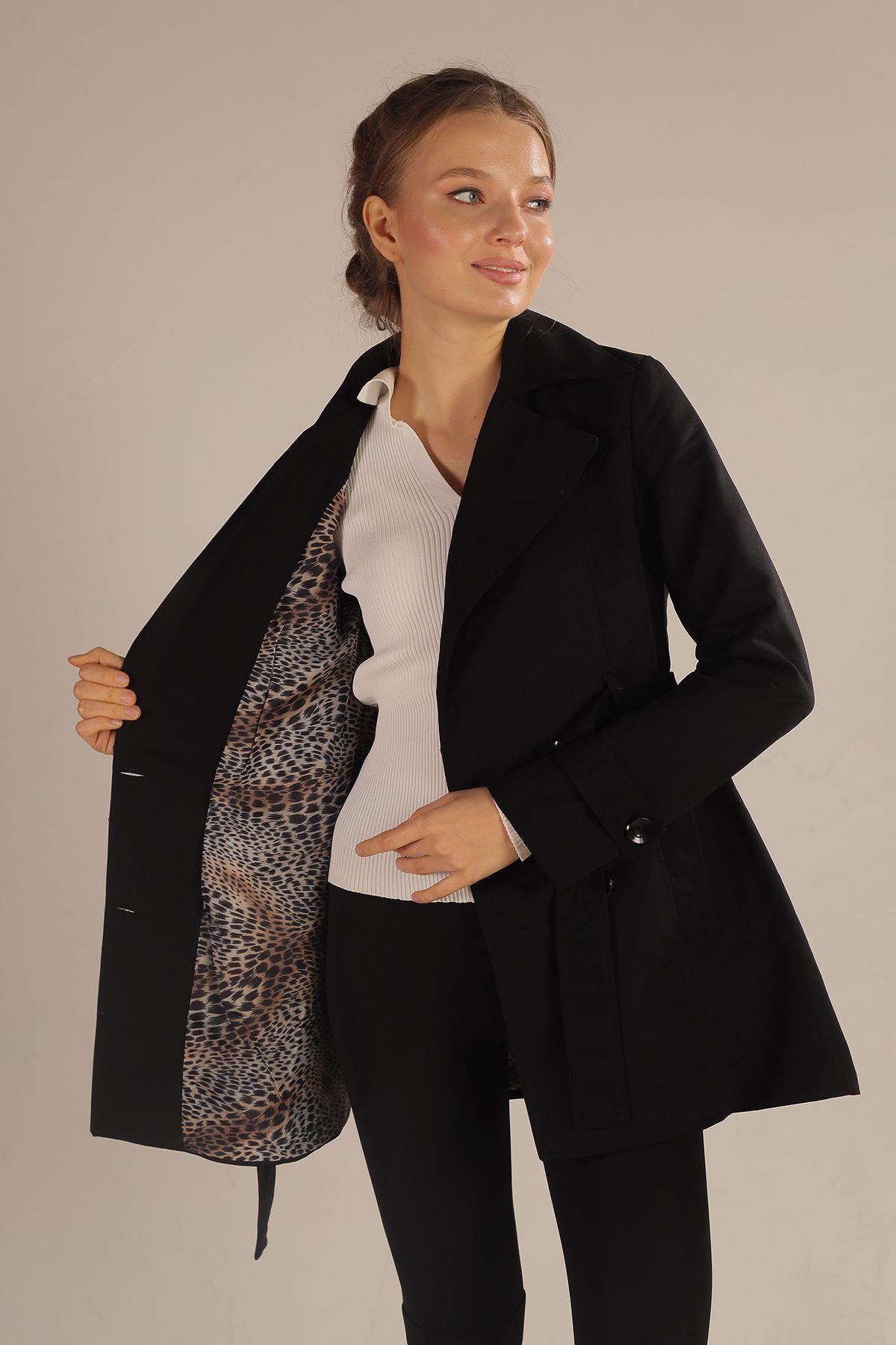 Siyah Leopar Astarlı Kısa Trençkot 1737 - 2