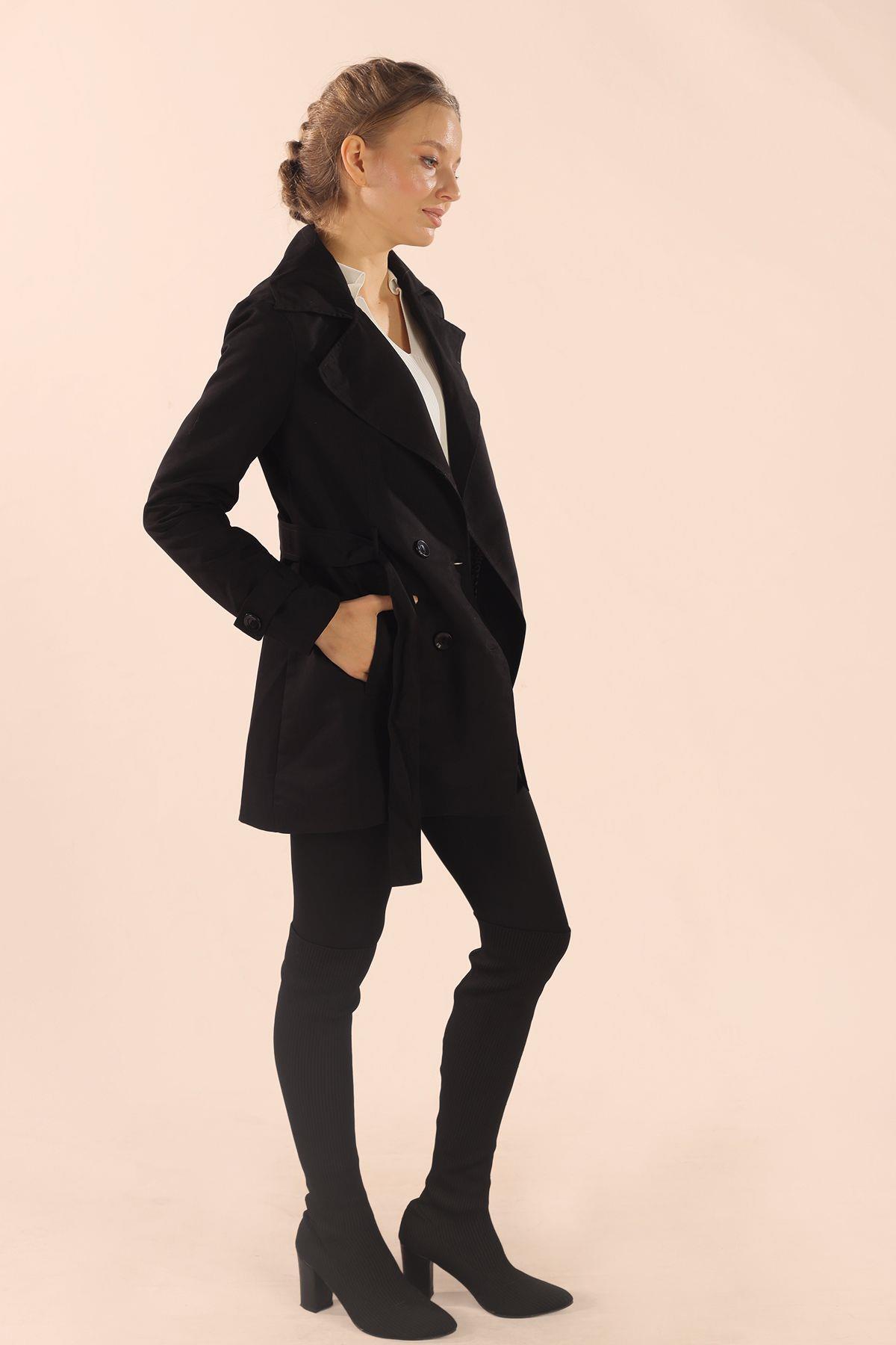 Siyah Leopar Astarlı Kısa Trençkot 1737 - 3