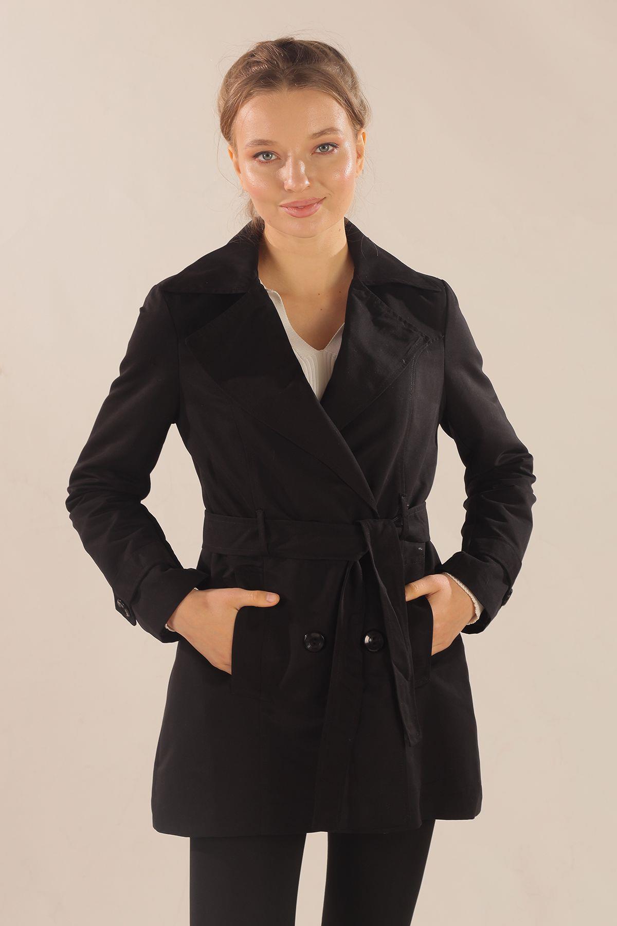 Siyah Leopar Astarlı Kısa Trençkot 1737 - 4