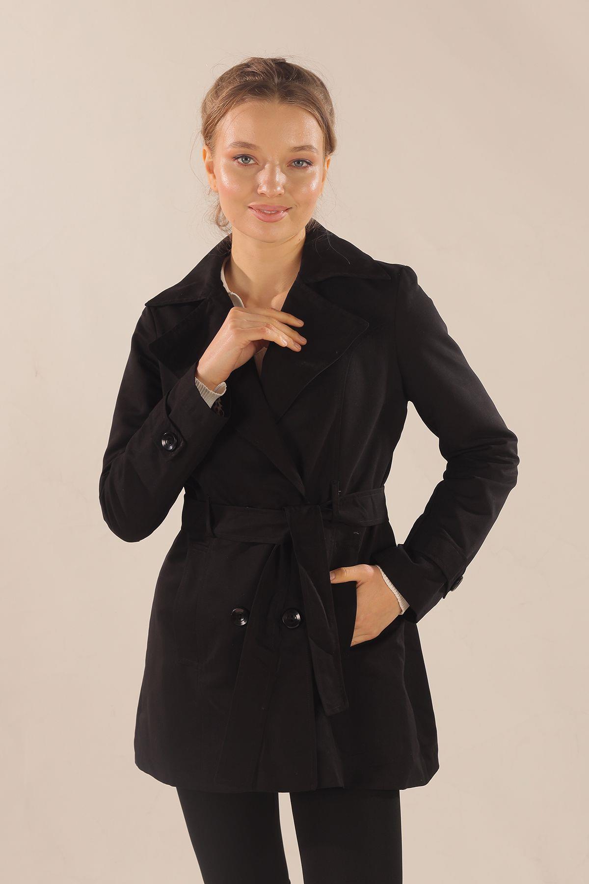 Siyah Leopar Astarlı Kısa Trençkot 1737 - 5