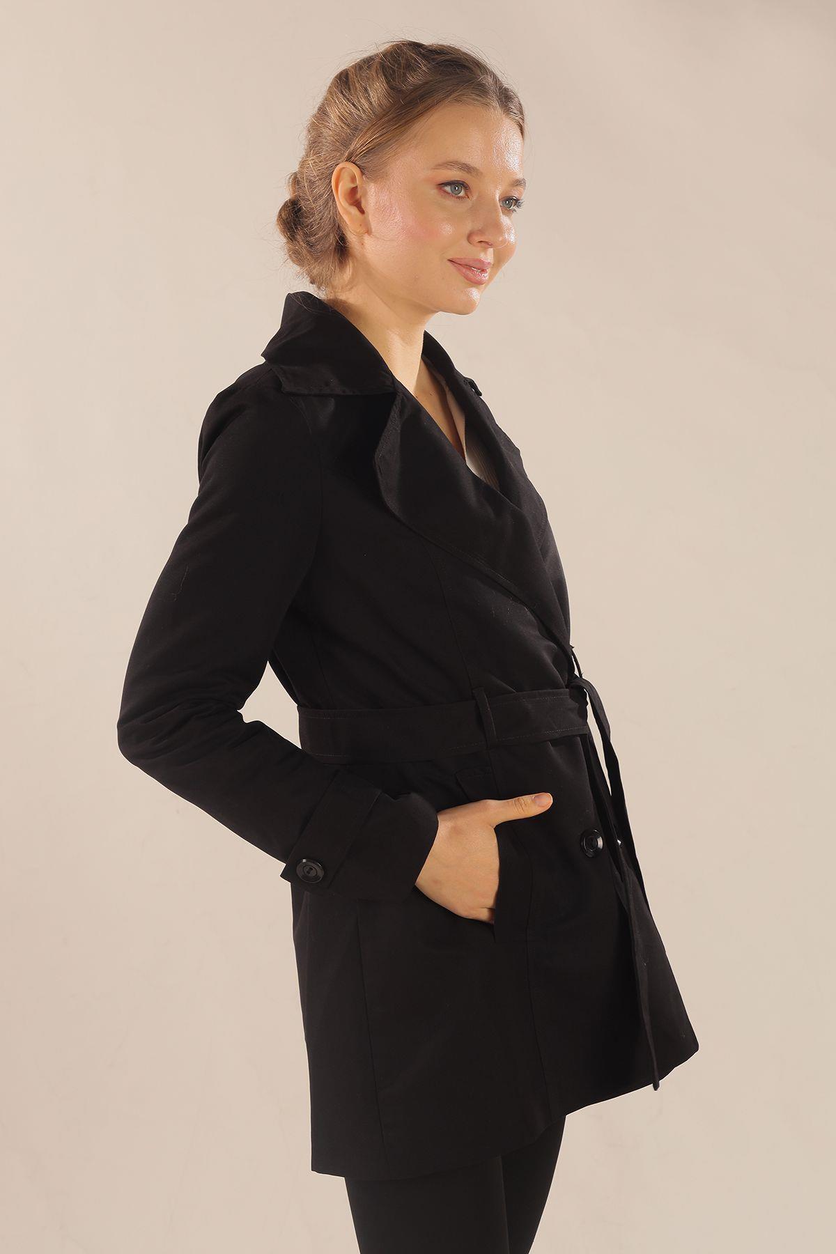 Siyah Leopar Astarlı Kısa Trençkot 1737 - 6