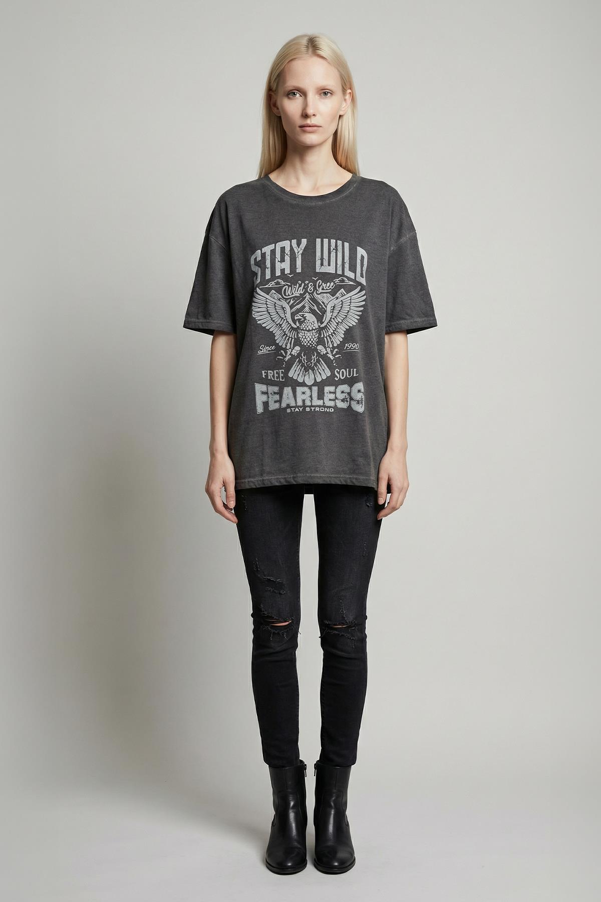 1761 Baskılı Tişört Antrasit - RAYS