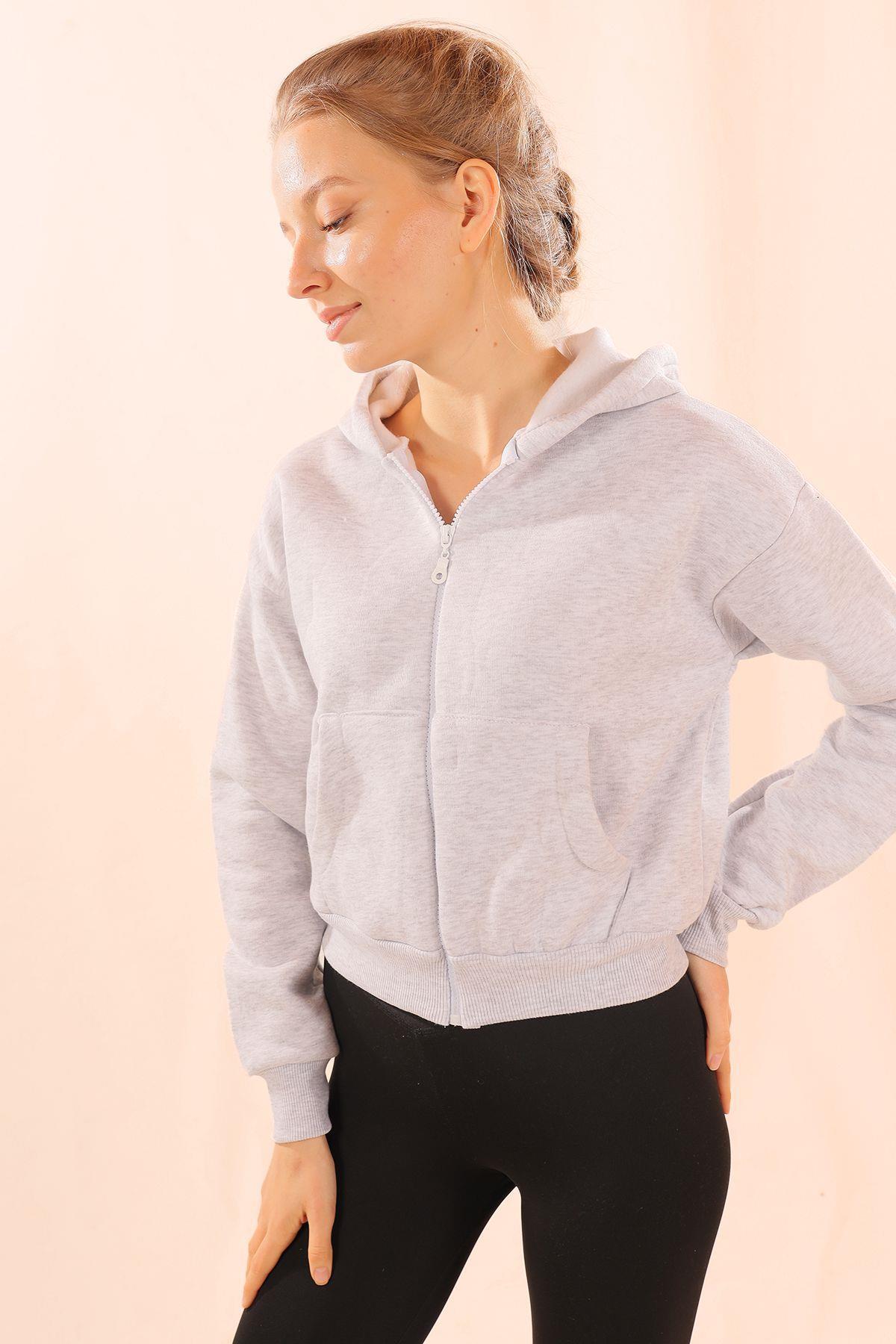 1783 Fermuarlı Kısa Sweat Gri 