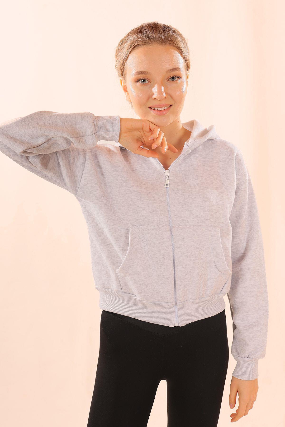 Gri Fermuarlı Kısa Sweat 1783 - 2