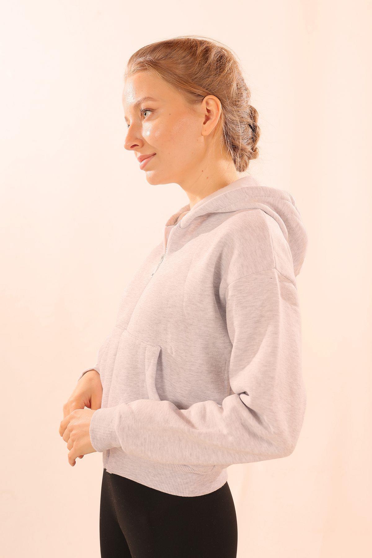 Gri Fermuarlı Kısa Sweat 1783 - 3