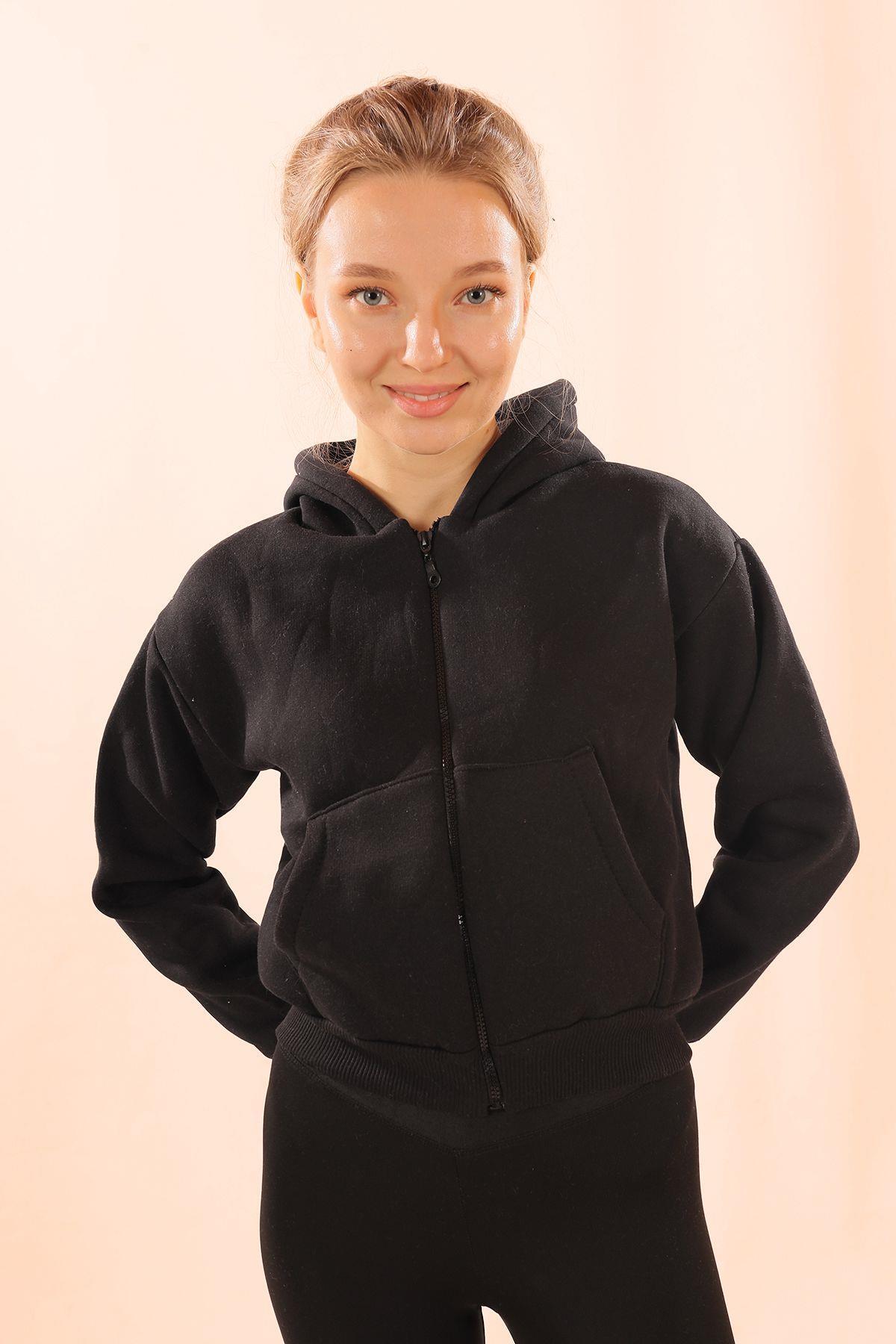 Siyah Fermuarlı Kısa Sweat 1783 - 2