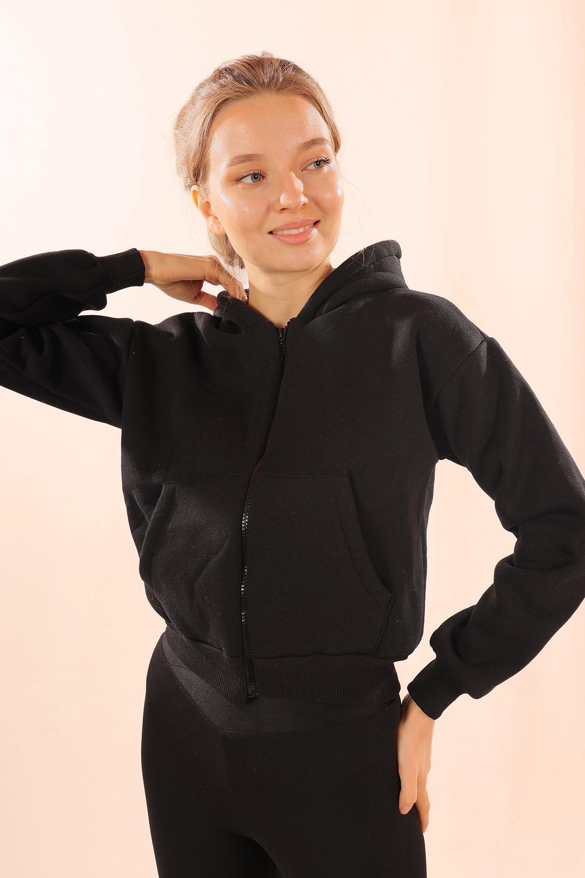 Siyah Fermuarlı Kısa Sweat 1783 - 3