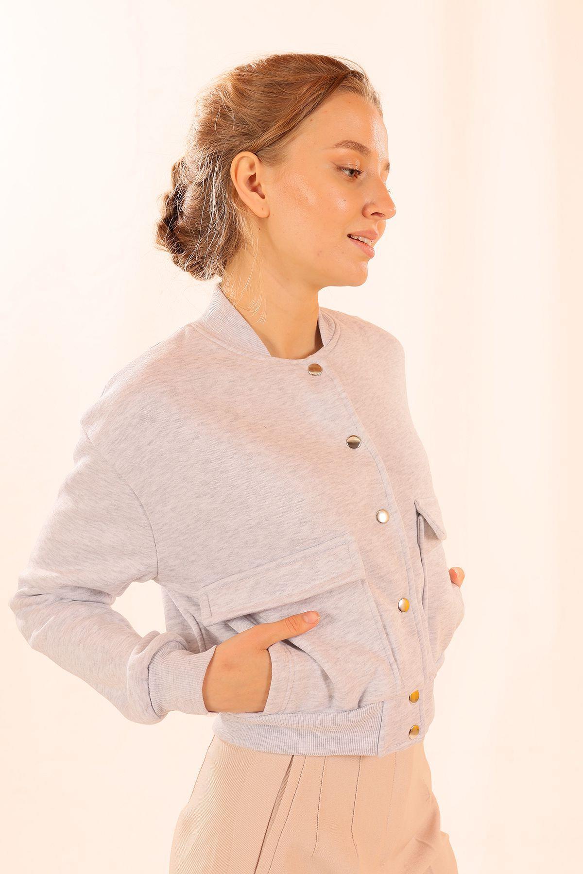 1785 Çift Cepli Çıtçıtlı Kısa Sweat Gri - 2