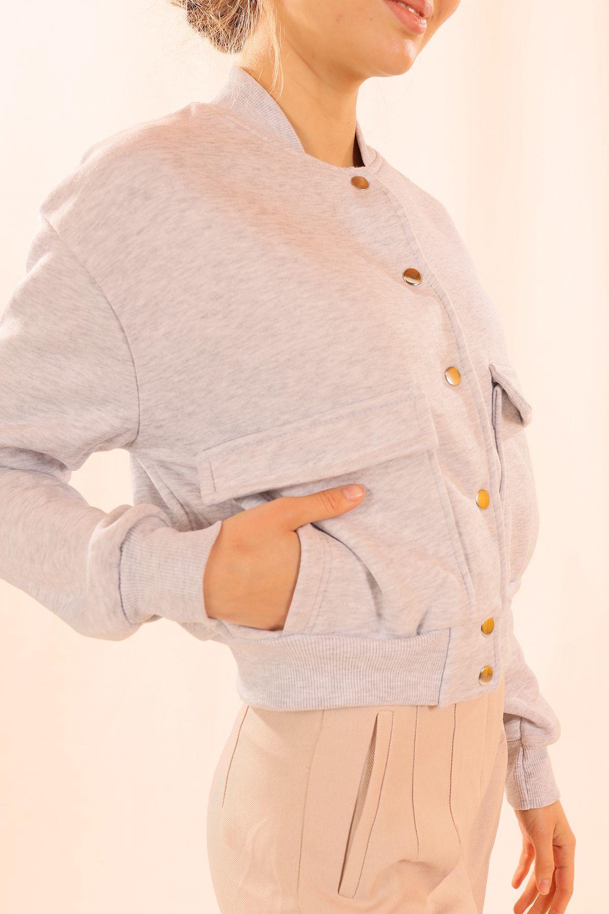 1785 Çift Cepli Çıtçıtlı Kısa Sweat Gri - 3