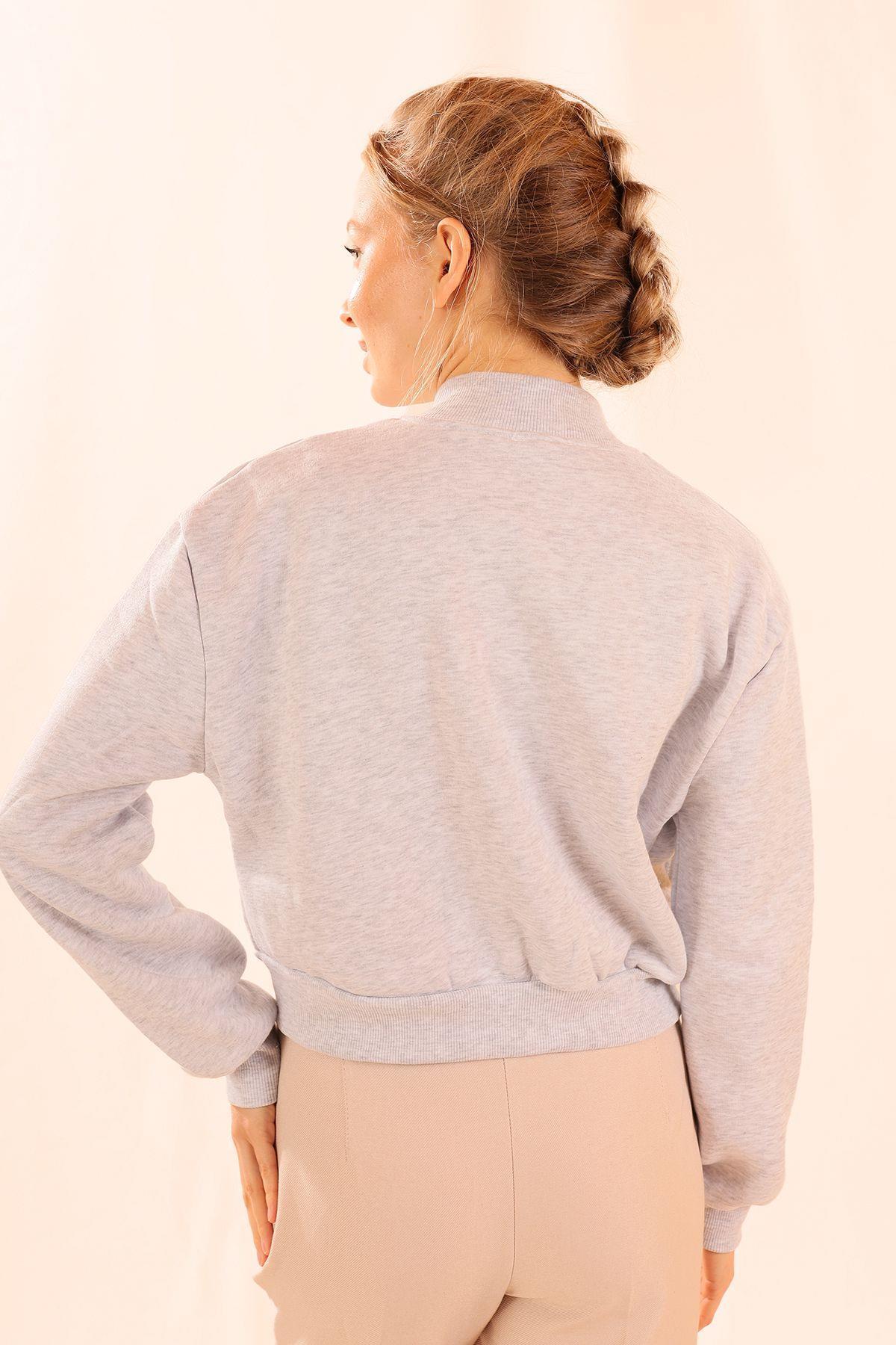 1785 Çift Cepli Çıtçıtlı Kısa Sweat Gri - 5