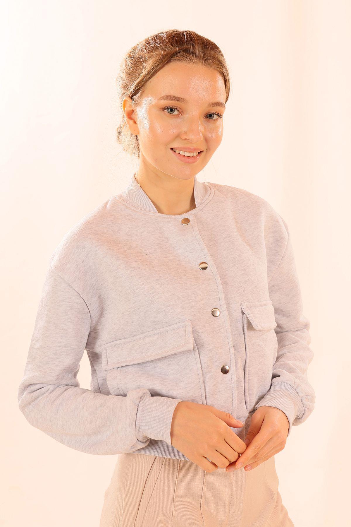 Gri Çift Cepli Çıtçıtlı Kısa Sweat 1785 - 4