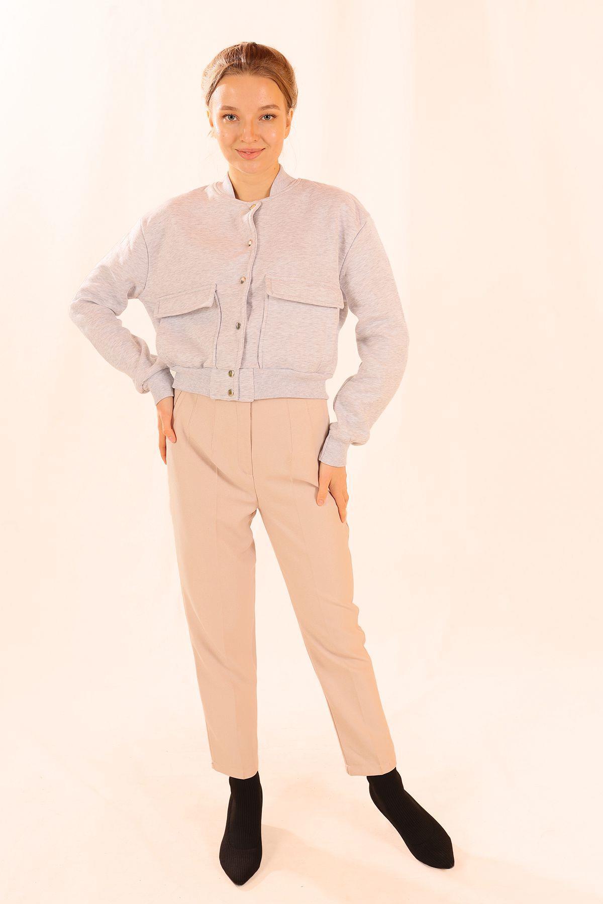 Gri Çift Cepli Çıtçıtlı Kısa Sweat 1785 - 6