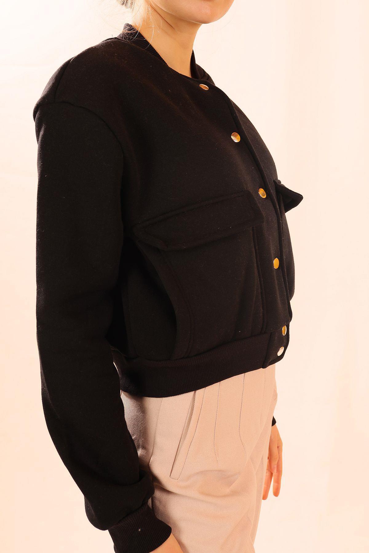 1785 Çift Cepli Çıtçıtlı Kısa Sweat Siyah - 3