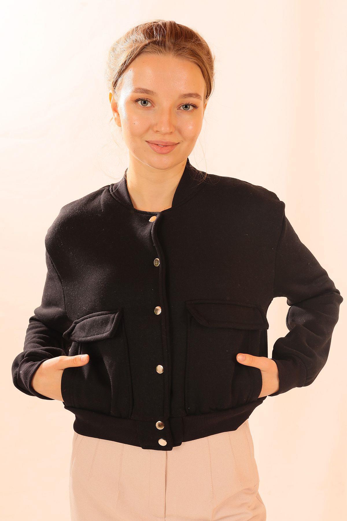 Siyah Çift Cepli Çıtçıtlı Kısa Sweat 1785 