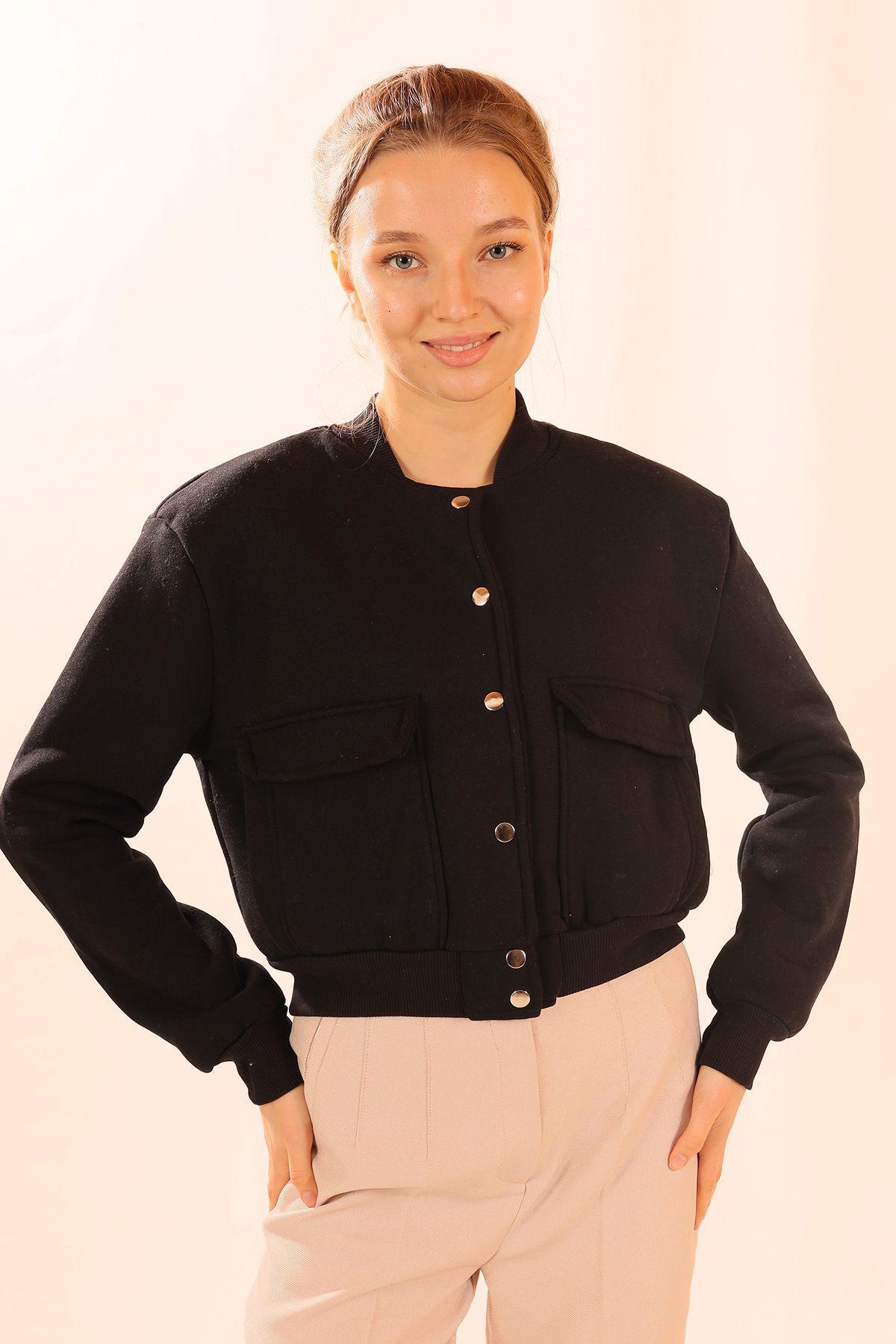 Siyah Çift Cepli Çıtçıtlı Kısa Sweat 1785 - 6