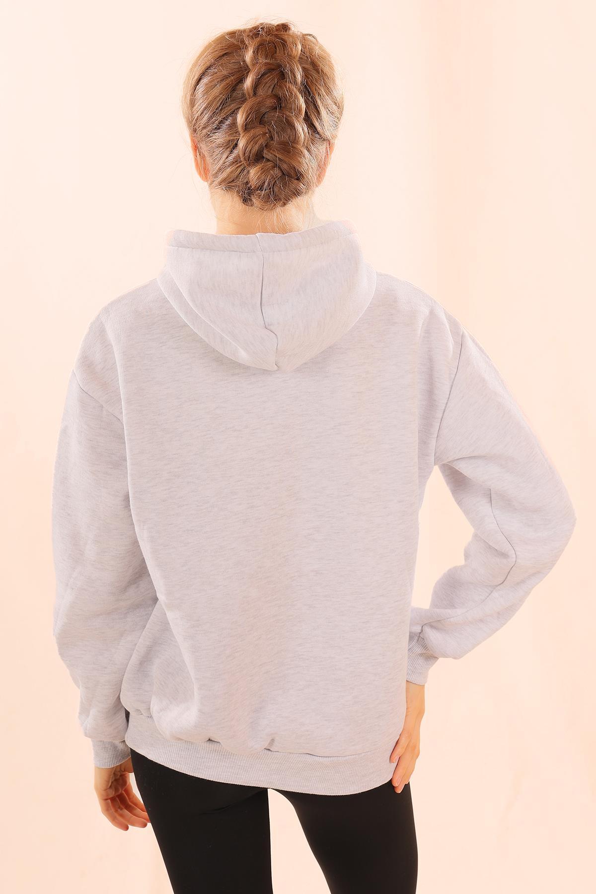 Gri Yazı Baskılı Kapüşonlu Sweat 1794 - 5