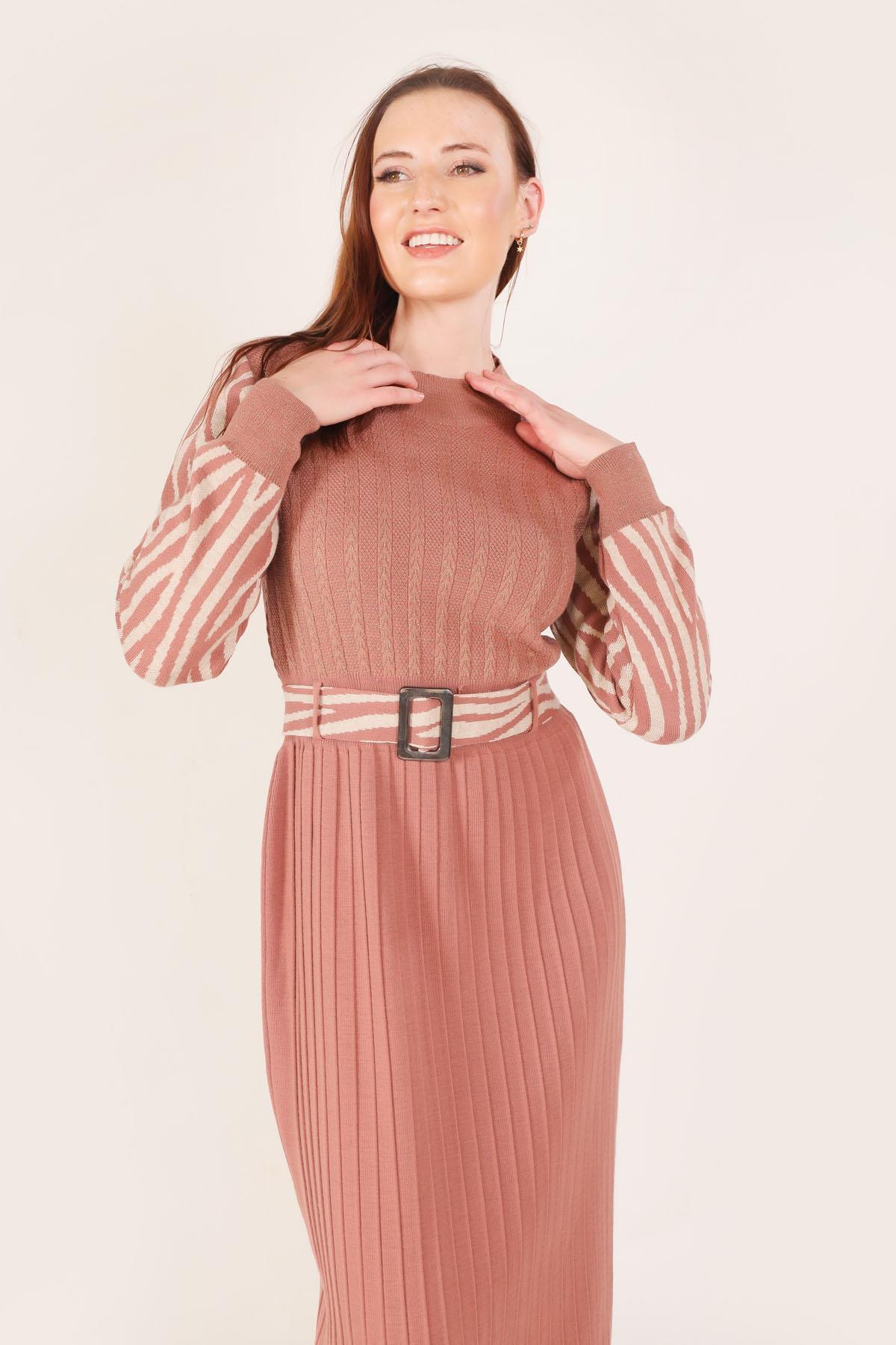 1795 Kolu Desenli Elbise Gül - 1