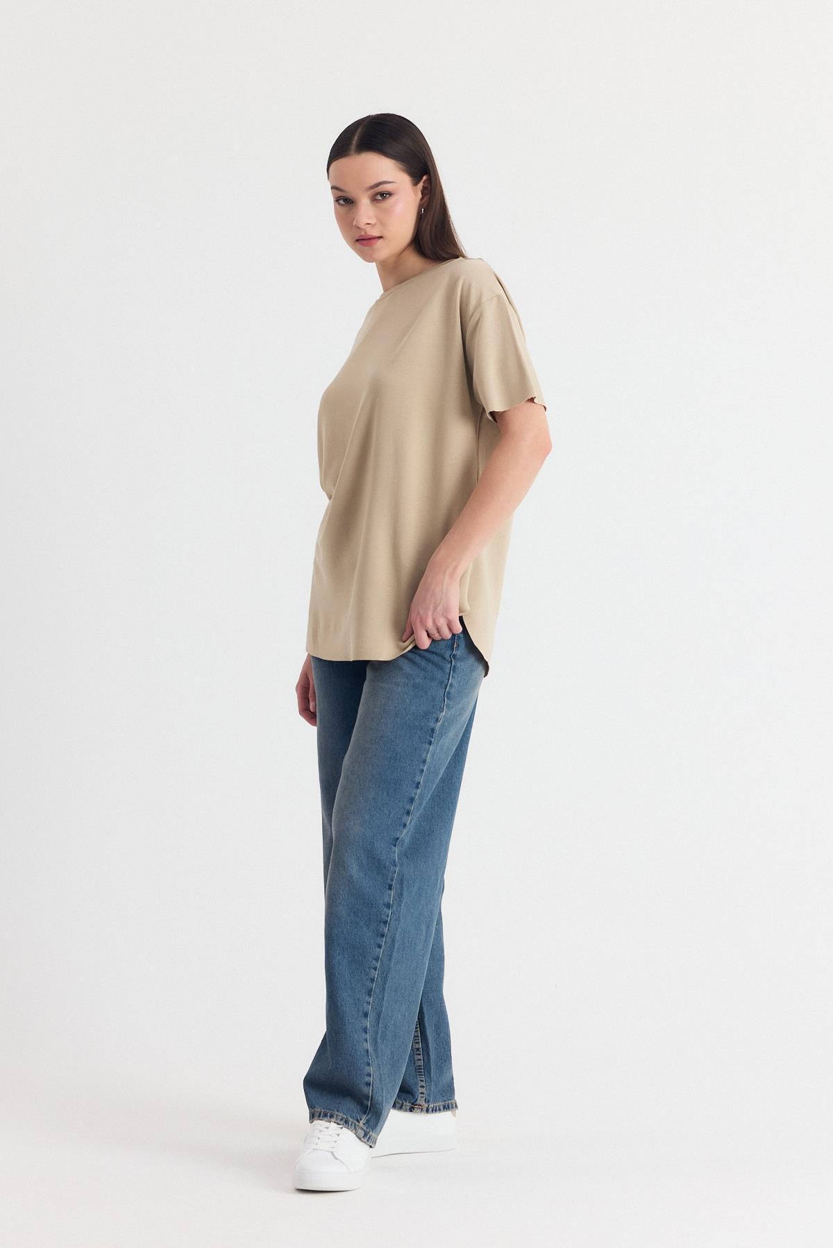 Bej Yumuşak Dokulu Esnek Premium Kumaş Lazer Kesim Oversize Tişört 1868 - 7