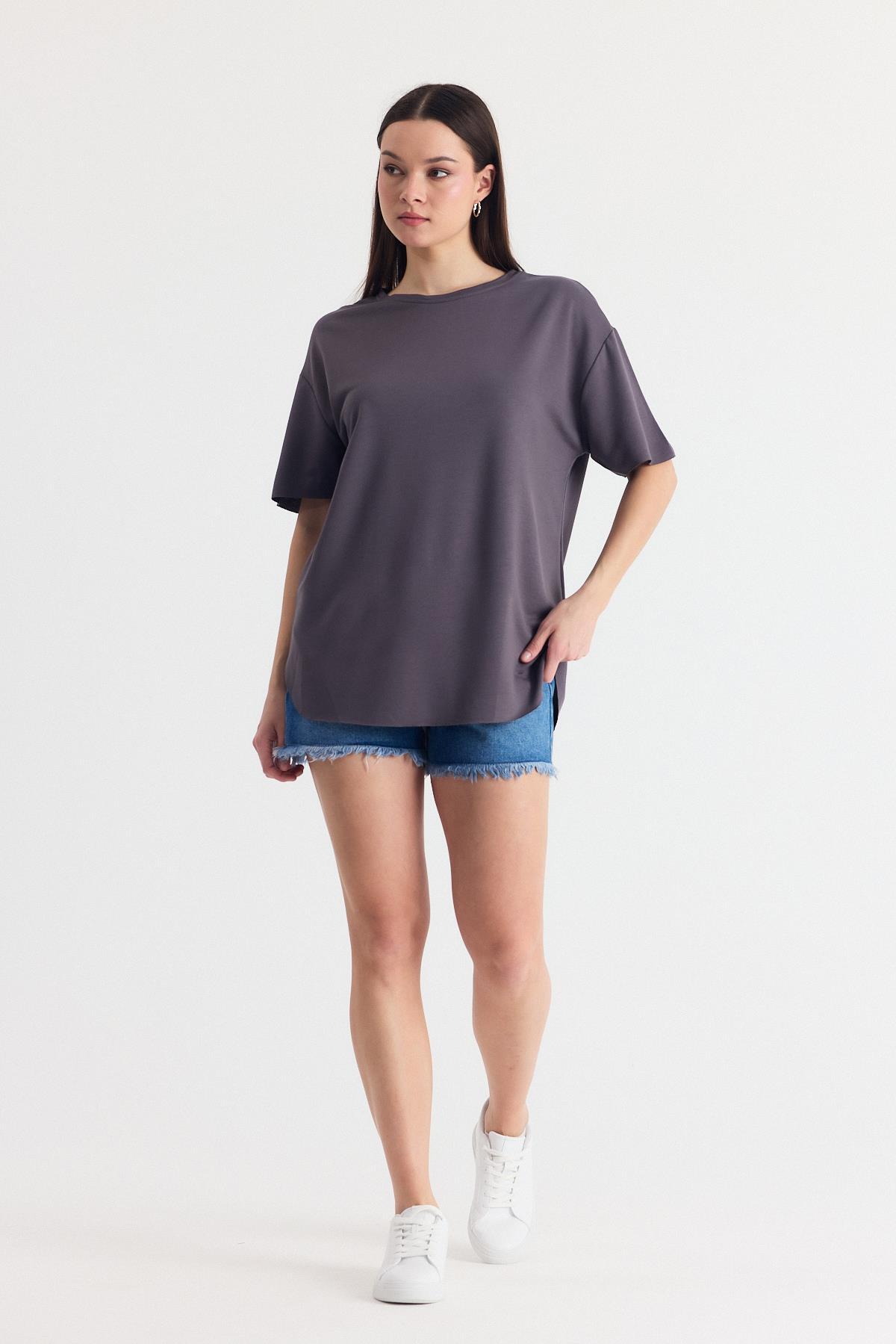 Füme Yumuşak Dokulu Esnek Premium Kumaş Lazer Kesim Oversize Tişört 1868 - 3