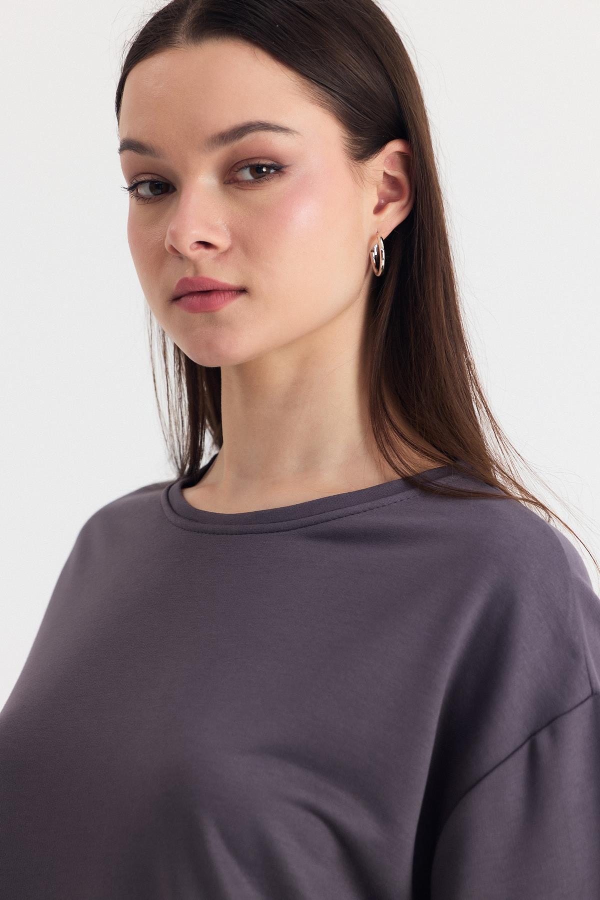 Füme Yumuşak Dokulu Esnek Premium Kumaş Lazer Kesim Oversize Tişört 1868 - 4