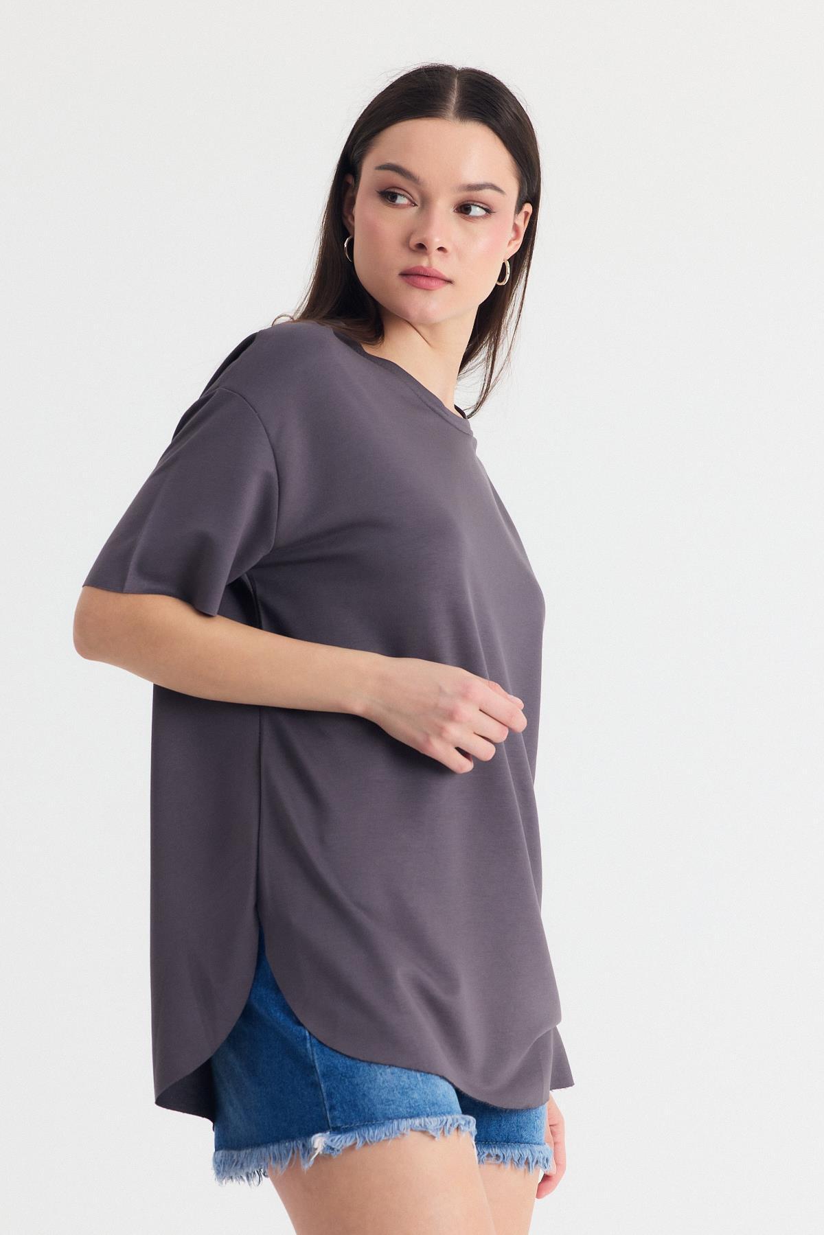 Füme Yumuşak Dokulu Esnek Premium Kumaş Lazer Kesim Oversize Tişört 1868 - 6