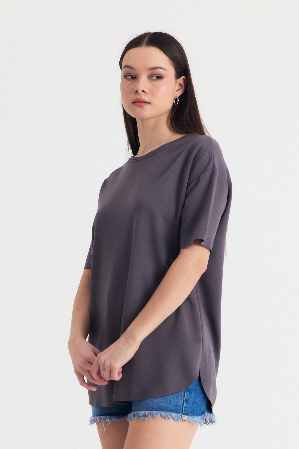 Füme Yumuşak Dokulu Esnek Premium Kumaş Lazer Kesim Oversize Tişört 1868 - 2