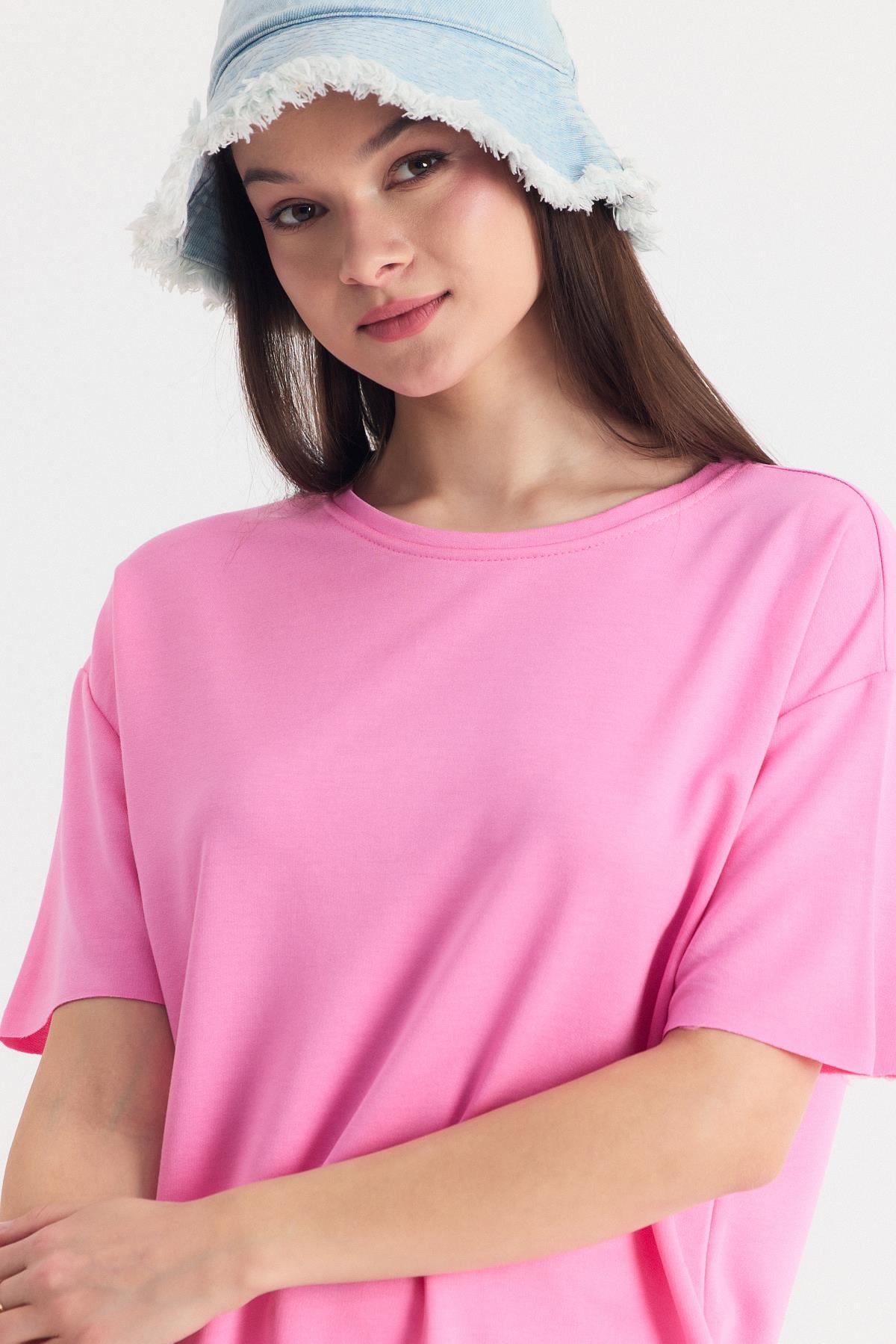 Pembe Yumuşak Dokulu Esnek Premium Kumaş Lazer Kesim Oversize Tişört 1868 - 4