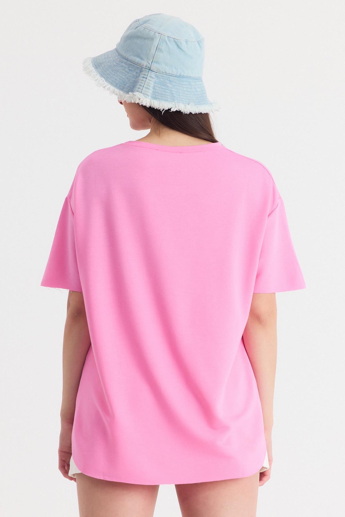 Pembe Yumuşak Dokulu Esnek Premium Kumaş Lazer Kesim Oversize Tişört 1868 - 5
