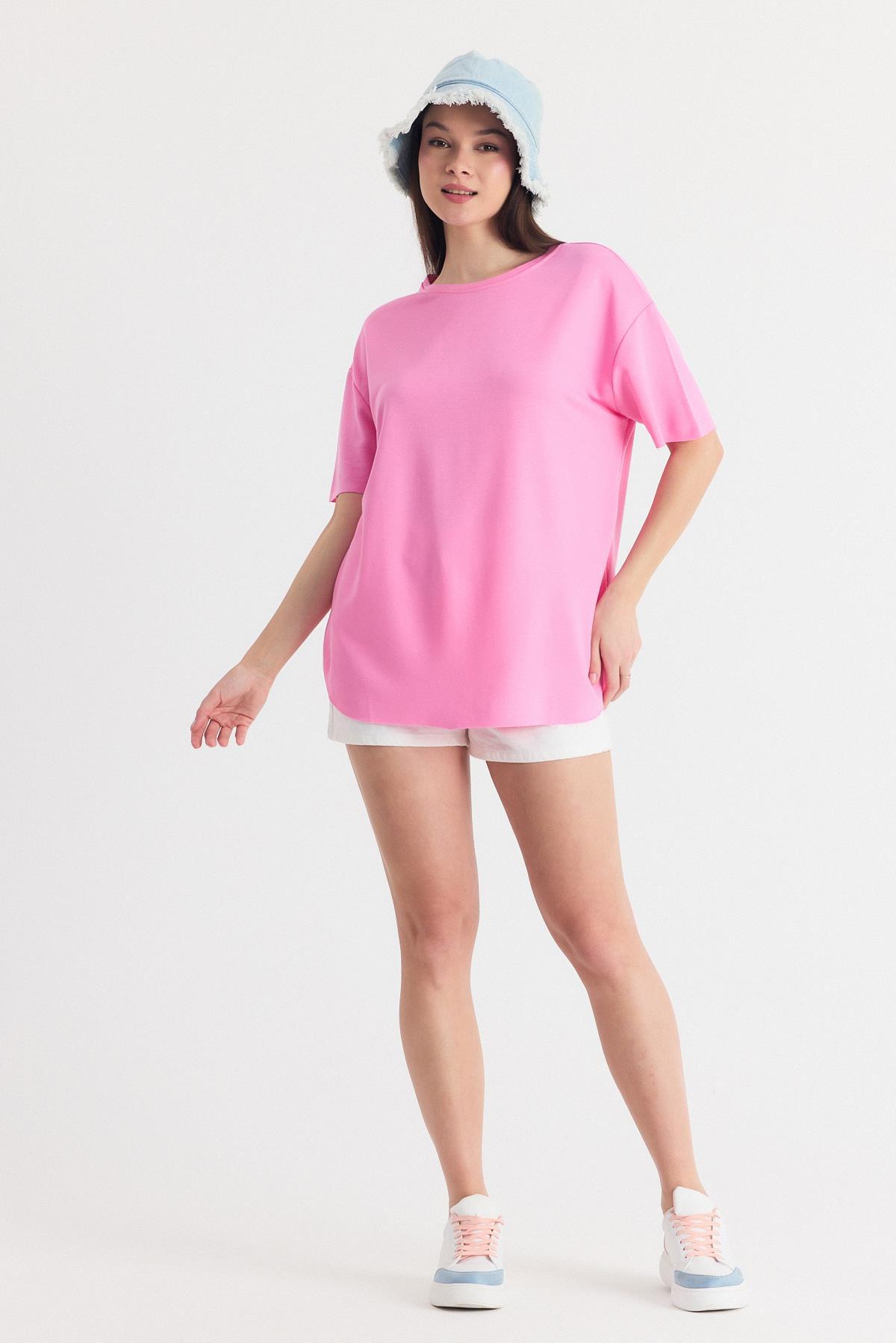 Pembe Yumuşak Dokulu Esnek Premium Kumaş Lazer Kesim Oversize Tişört 1868 - 2